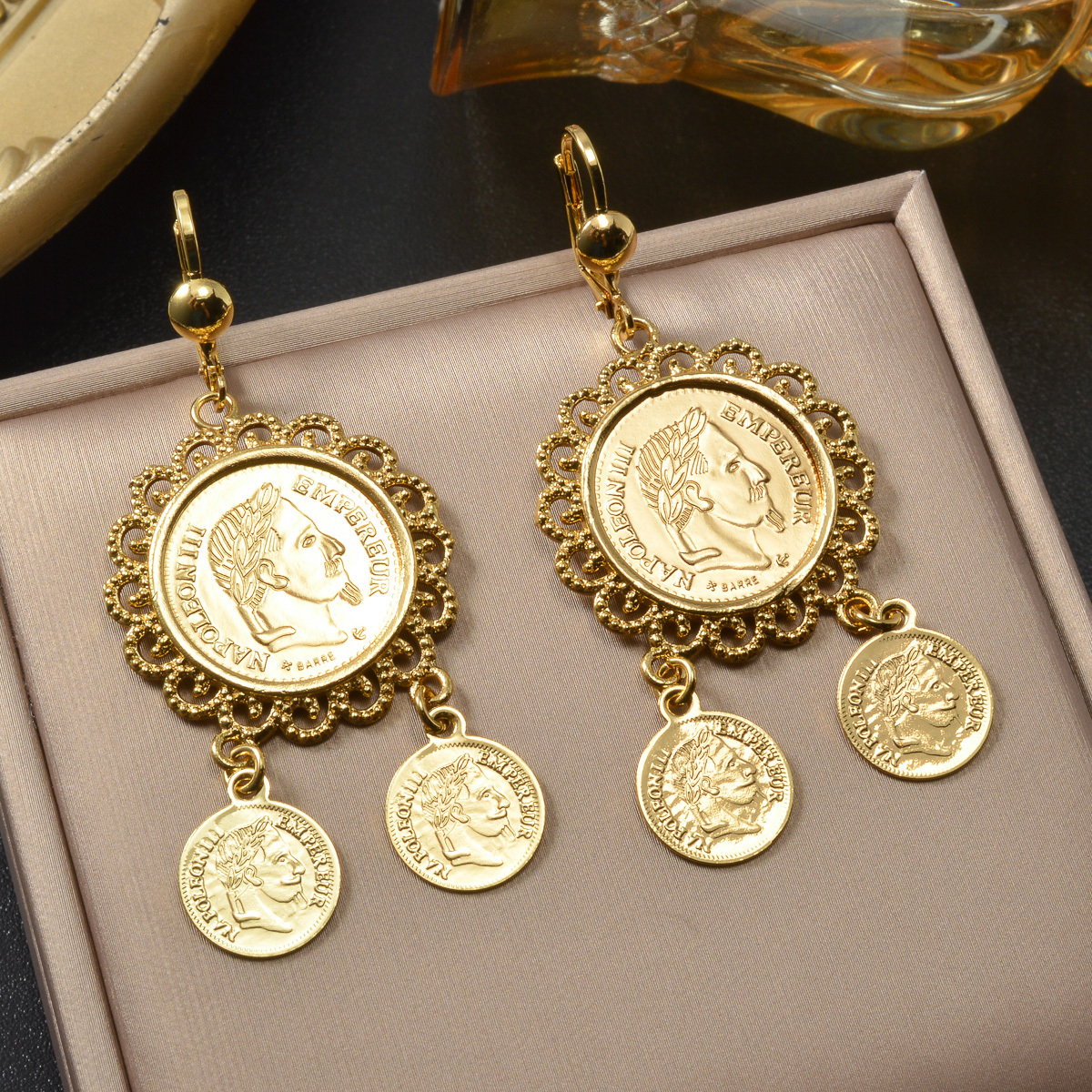 18K Golden Plated Vintage Portrait Drop Earrings
